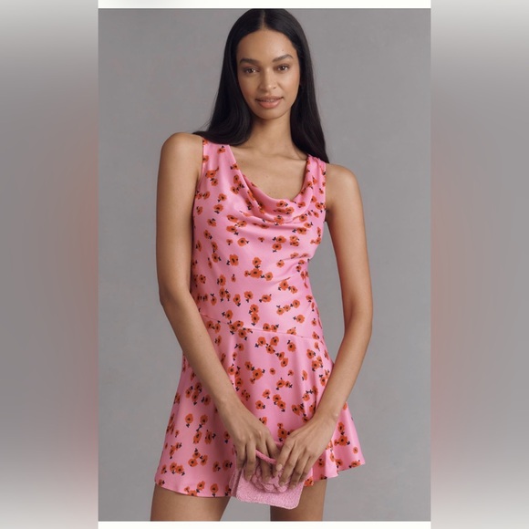 Anthropologie Dresses & Skirts - Anthropologie Cowl-Neck Satin Mini floral Dress size M NWT spring